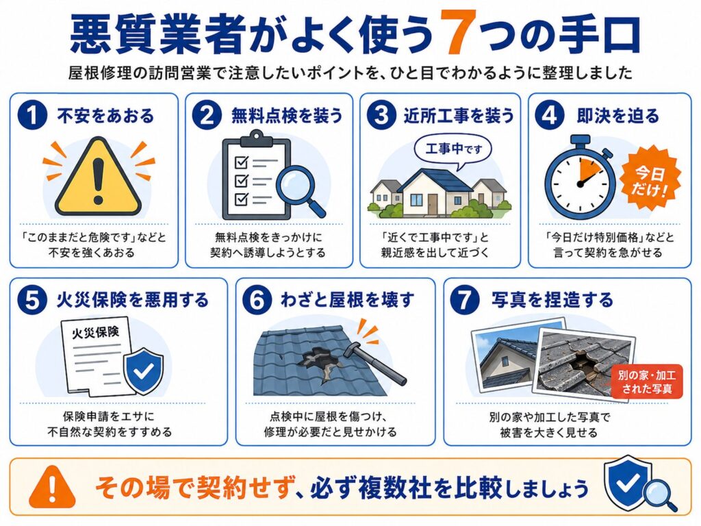 悪徳業者がよく使う7つの手口 ・不安をあおる ・無料点検を装う ・近所工事を装う ・即決を迫る ・火災保険を悪用する ・わざと屋根を壊す ・写真を捏造する