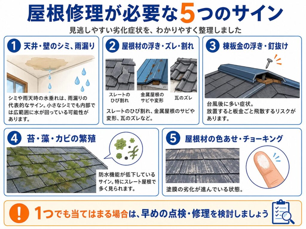 屋根修理が必要なサイン 天井・壁のシミ、雨漏り:シミや雨天時の水垂れは雨漏りの代表的なサイン。小さなシミでも内部では広範囲に水が回っている可能性がある 屋根材の浮き・ズレ・割れ:スレートのひび割れ、金属屋根のサビや変形、瓦のズレなど 棟板金の浮き・釘抜け:台風後に多い。放置すると板金ごと飛散するリスクがある 苔・藻・カビの繁殖:防水機能が低下しているサイン。特にスレート屋根で多い 屋根材の色あせ・チョーキング:塗膜の劣化が進んでいる状態